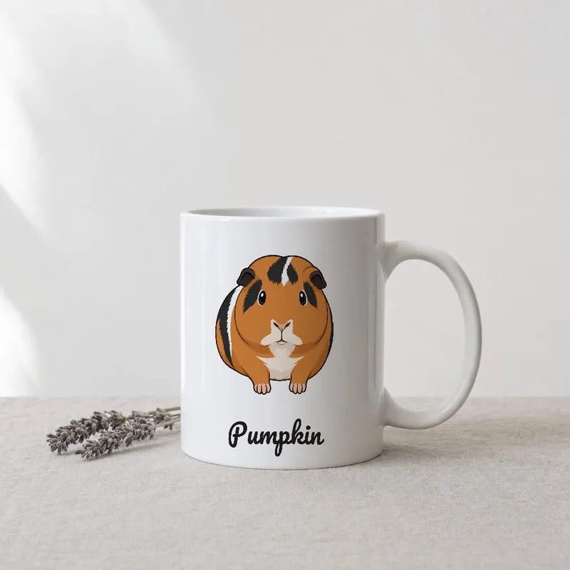 A pet portrait printed on a white mug