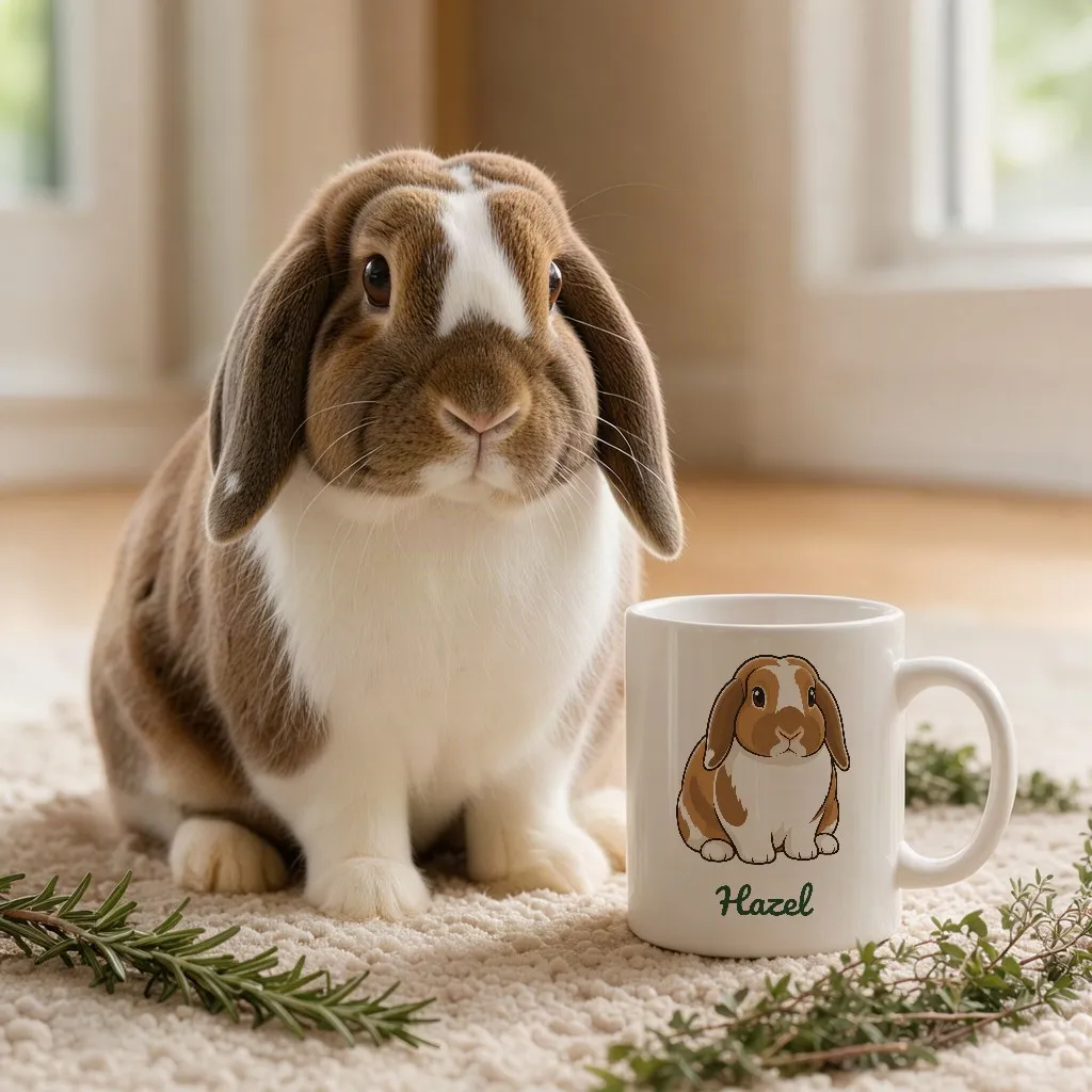 Clover's portrait printed on a white mug, in a cosy scene
