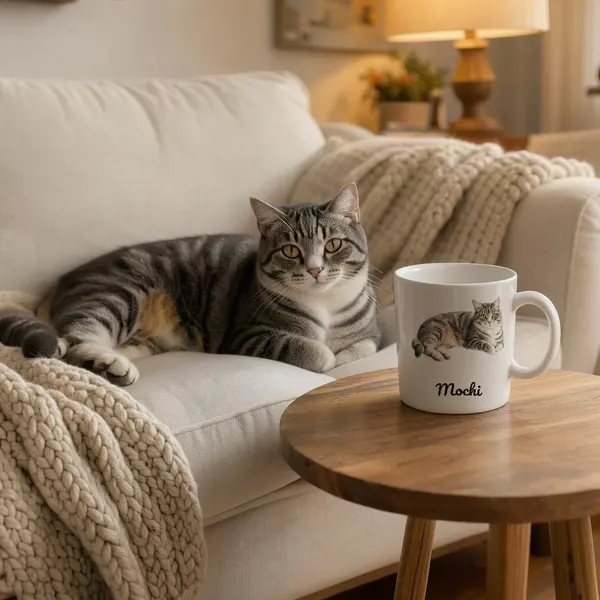 Example: Mochi's watercolor portrait on a mug