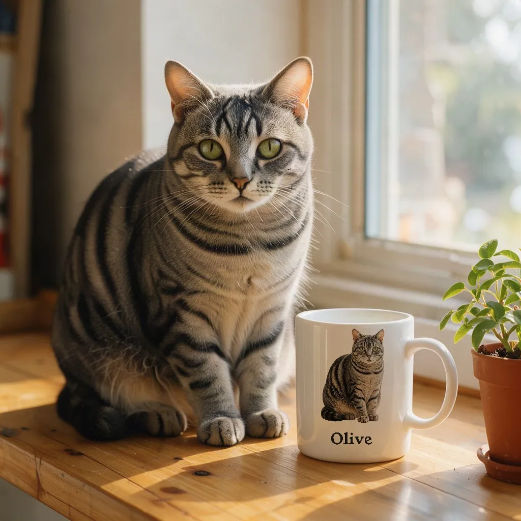 Luna's portrait printed on a white mug, in a cosy scene