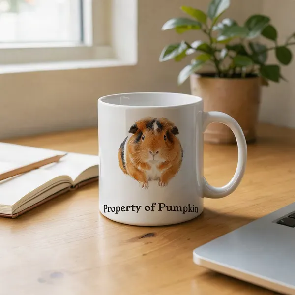 A mug with Pumpkin's portrait in a cosy scene