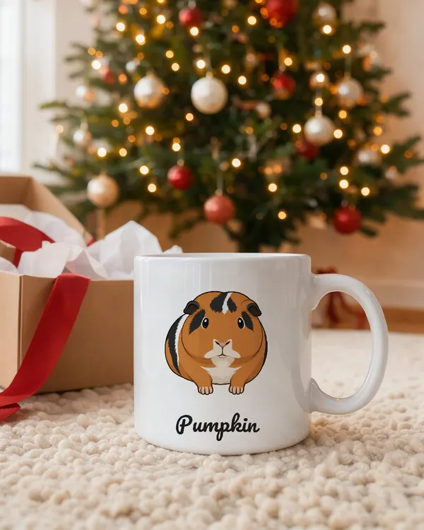A mug with a guinea pig portrait beside an open gift box under a Christmas tree