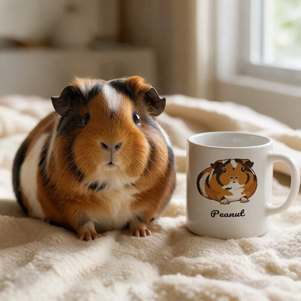 Pumpkin's portrait printed on a white mug, in a cosy scene