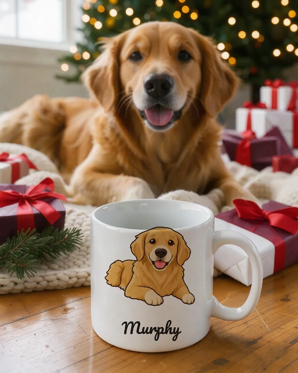 Biscuit's portrait printed on a white mug, in a cosy scene