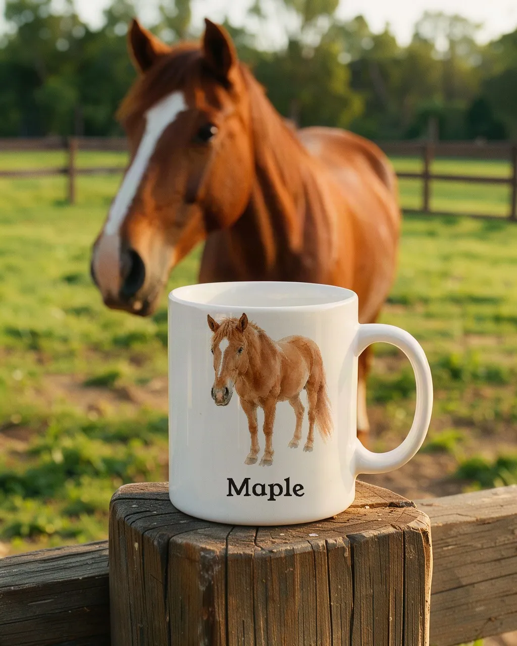 Maple's portrait printed on a white mug, in a cosy scene