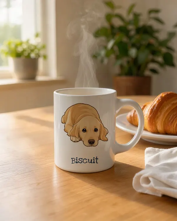 Example: Biscuit's cartoon portrait on a mug