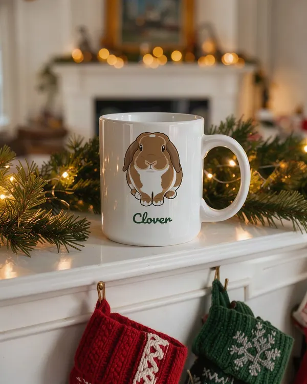 A mug with Clover's portrait in a cosy scene