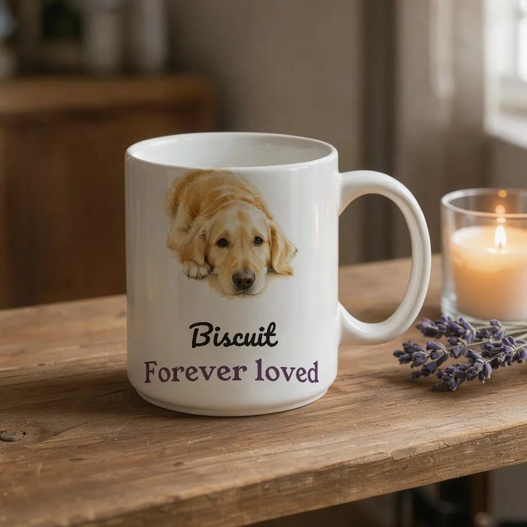A mug with a watercolor golden retriever and the words Biscuit, Forever loved, beside a candle